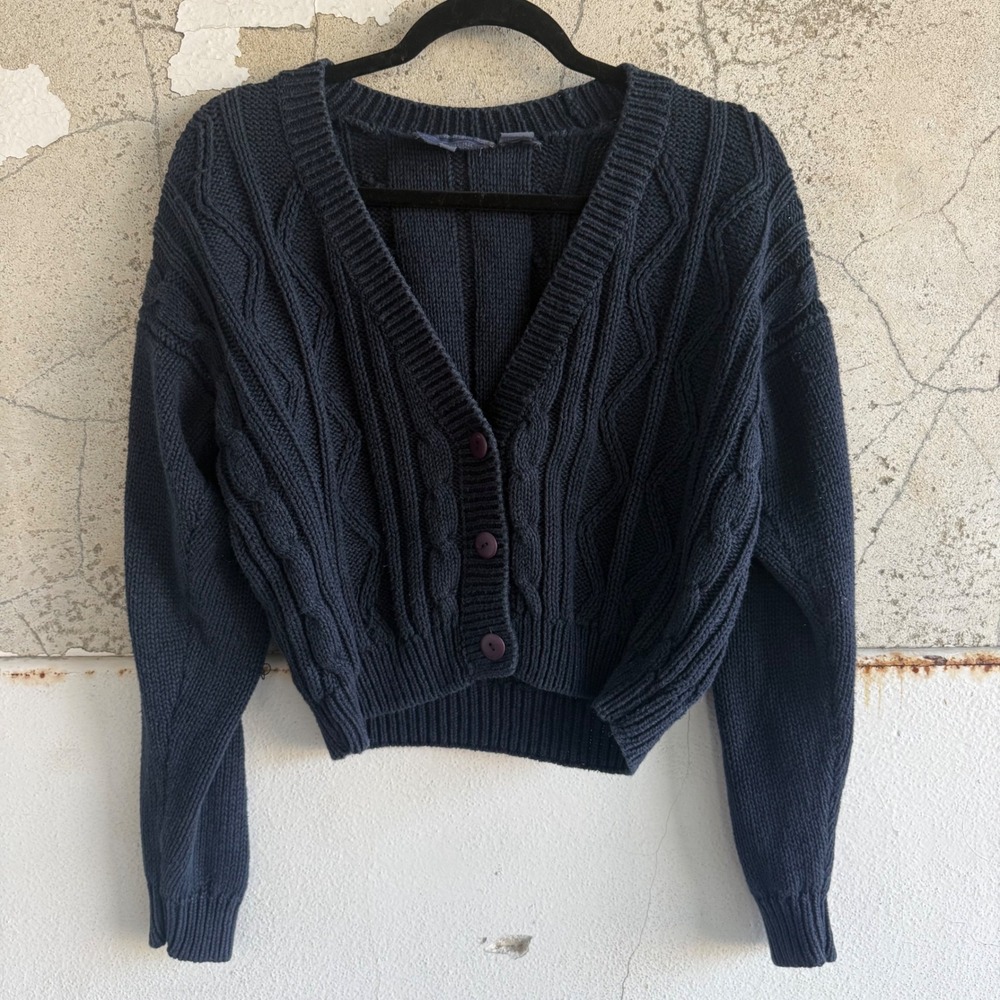 Vintage Cardigan Chunky Cable Knit Cropped Sweater Navy Blue 90s Academia Small